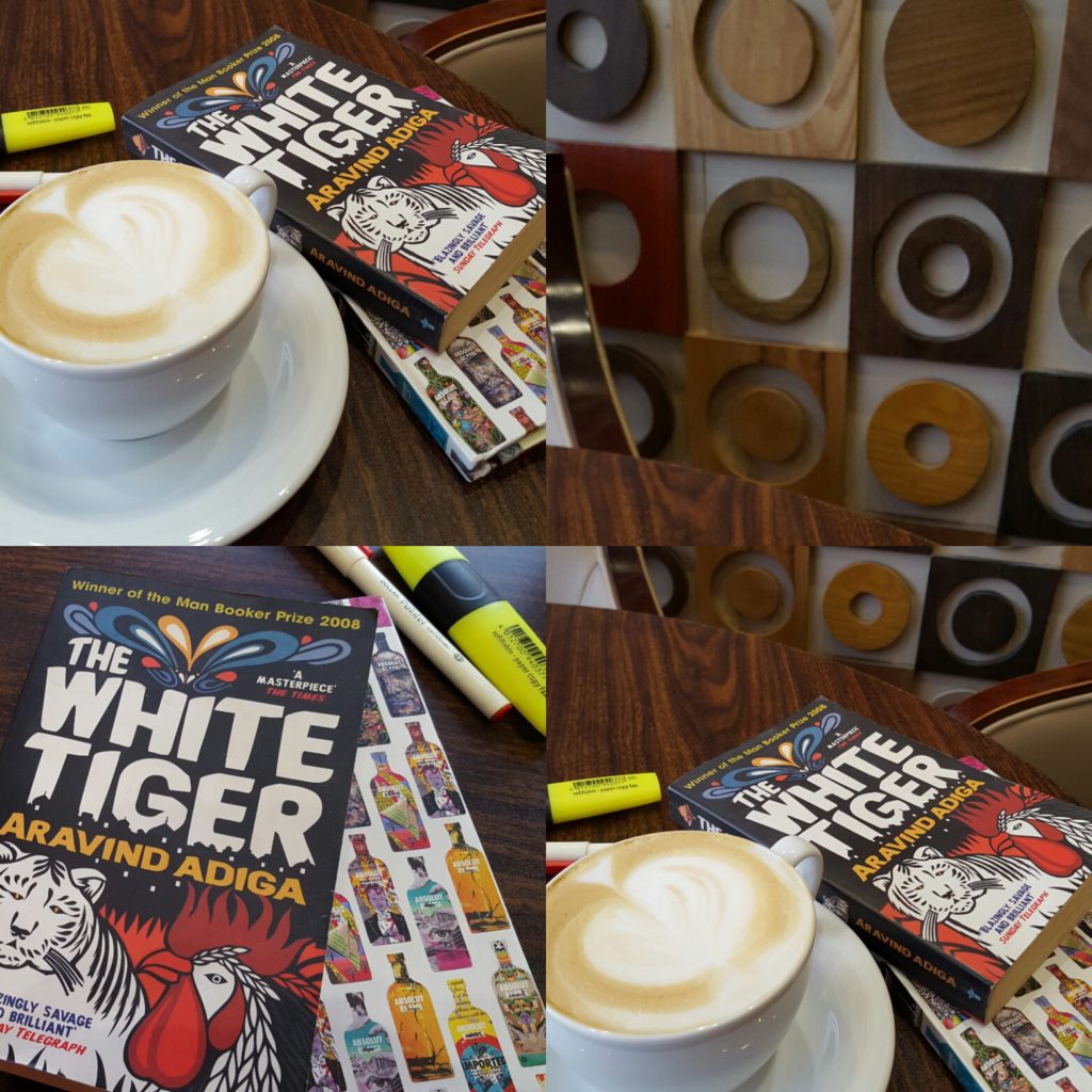 A collage of a book, a journal, and a cup of coffee with coffee art