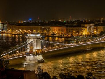 Picture of the Budapest chain bridge and parliament building at night.
