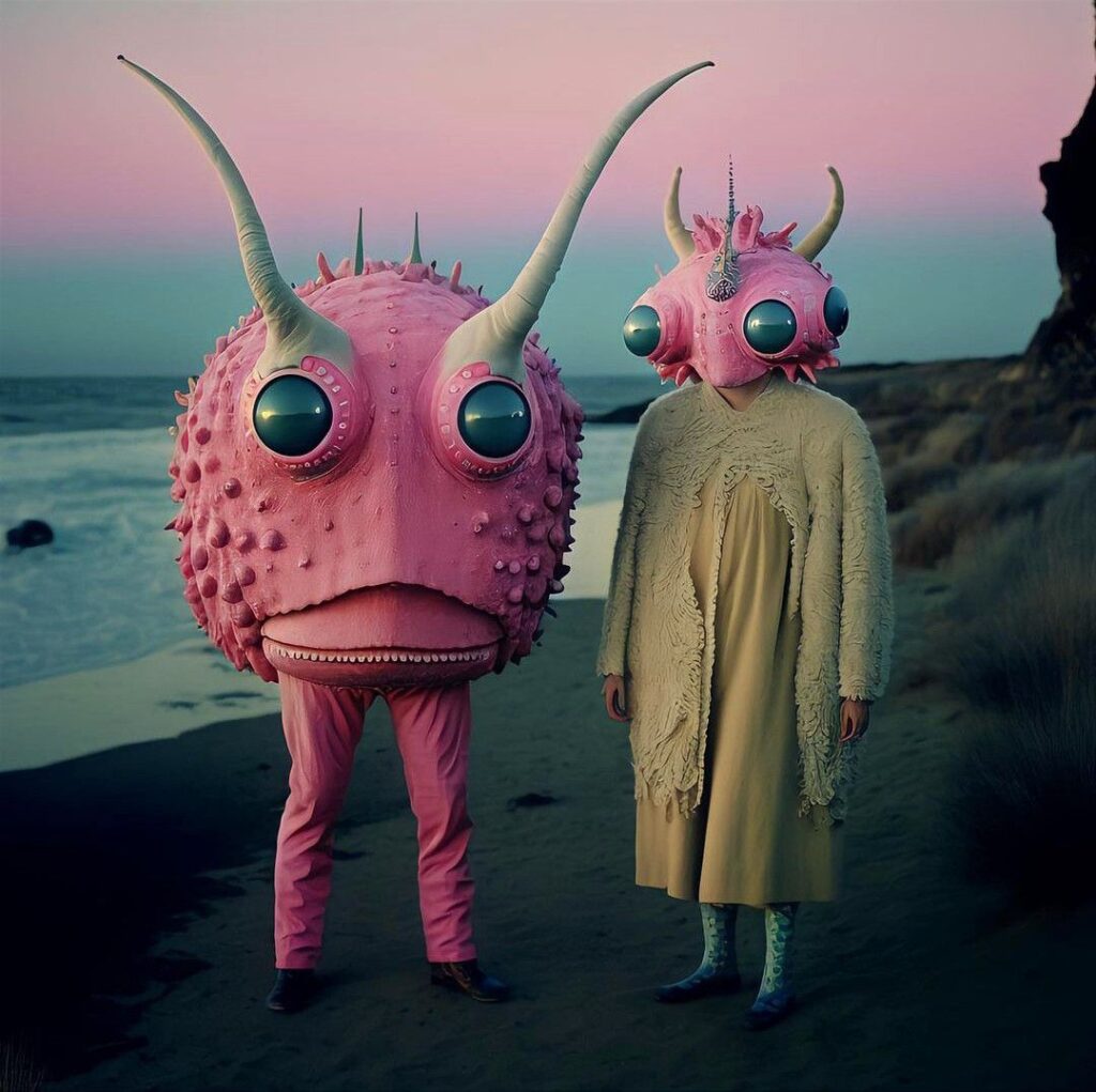 Digital art, two green and pink alien figures standing at a beach.