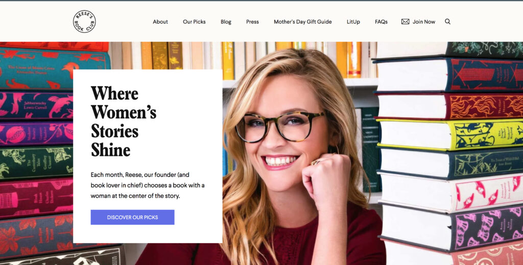 A screenshot of Reese Witherspoon's Book Club web page. 