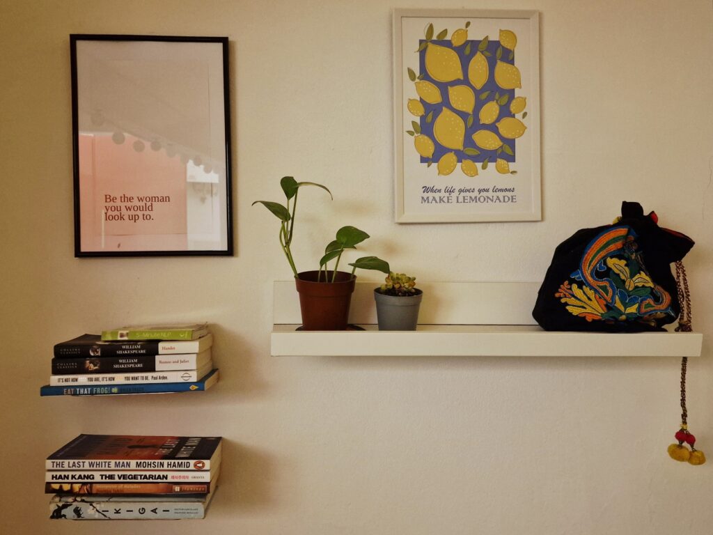 A picture of a wall with picture frames and wall book racks.