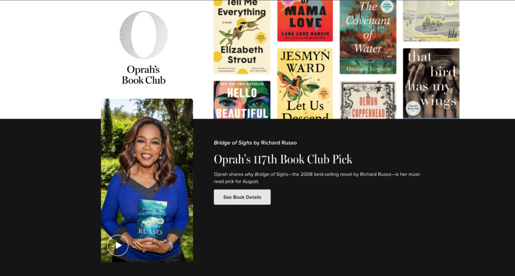 A screenshot of Oprah Winfrey's Book Club web page. 