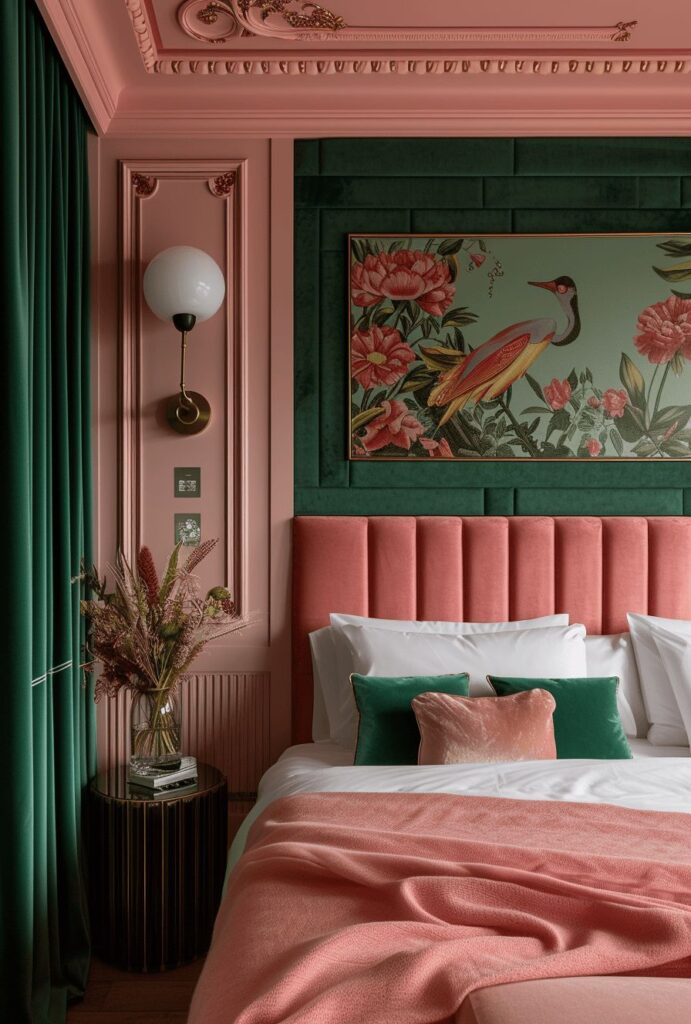 Picture of a bedroom with green & pink walls and green curtains. 