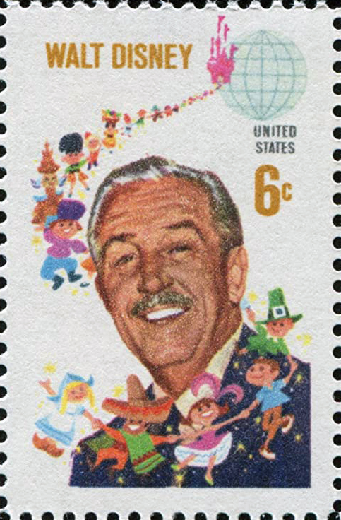 A portrait of Disney with cartoon representations of different nationalities on a 6-cent U.S. postage stamp, 1968