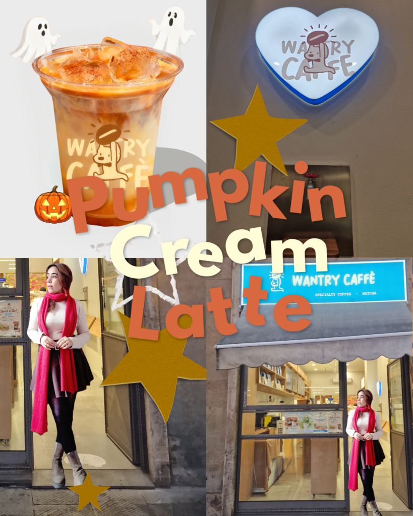 A collage of four pictures labelled as pumpkin cream latte.