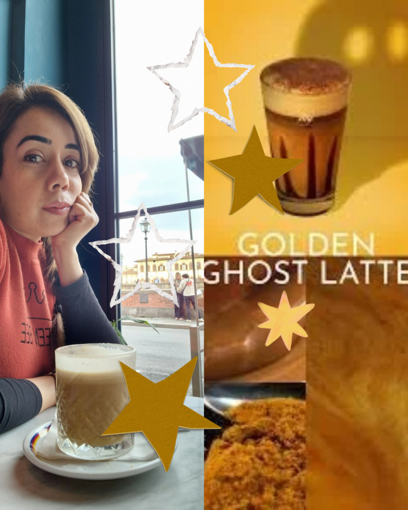 A collage of two pictures labelled as Golden Ghost Latte.
