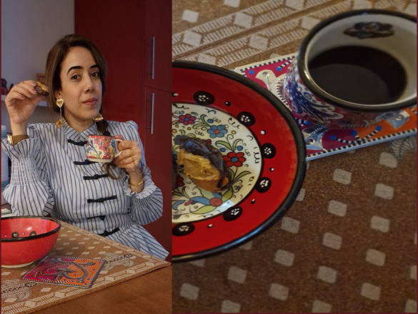 Picture of the author with a coffee cup and a little snack in hand.
